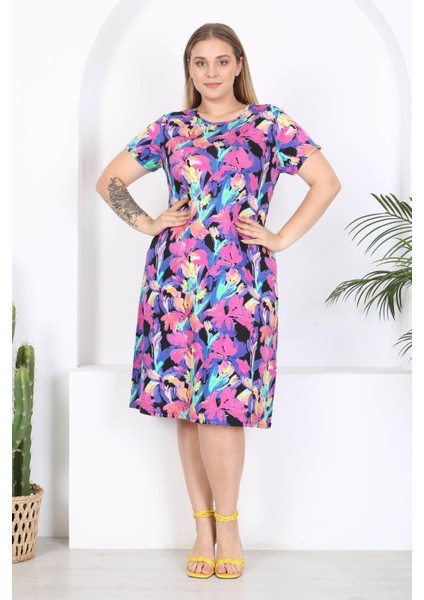 Kadın Mor Floral Suluboya Desen Midi Elbise fırsatları