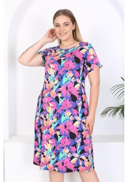 Kadın Mor Floral Suluboya Desen Midi Elbise indirimleri