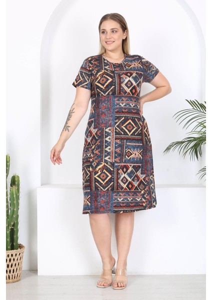 Kadın Mavi Etnik Patchwork Desen Midi Elbise