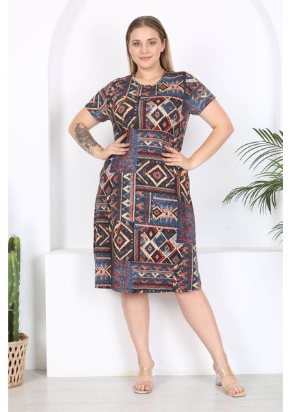 Kadın Mavi Etnik Patchwork Desen Midi Elbise