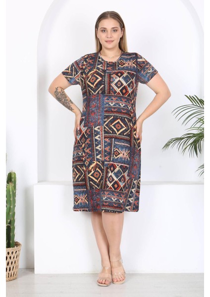 Kadın Mavi Etnik Patchwork Desen Midi Elbise