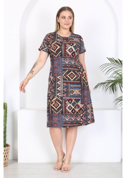 Kadın Mavi Etnik Patchwork Desen Midi Elbise