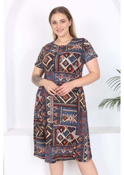 Kadın Mavi Etnik Patchwork Desen Midi Elbise