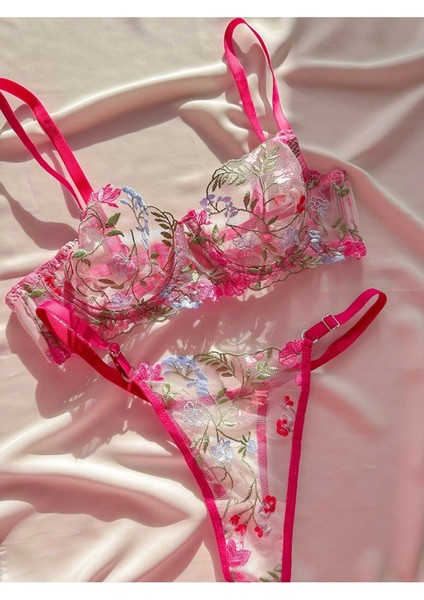 Pembe Balenli Çiçek Desenli Bralet Takım