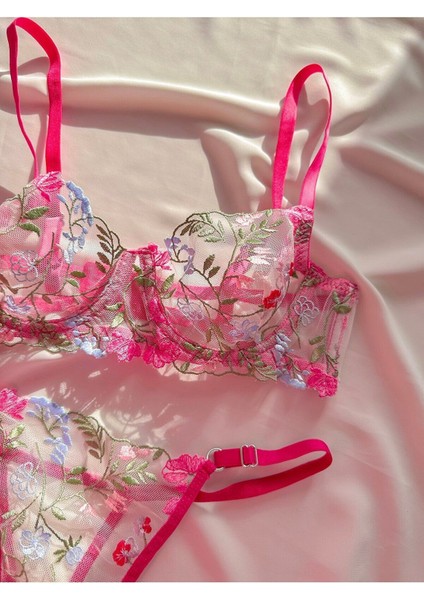 Pembe Balenli Çiçek Desenli Bralet Takım