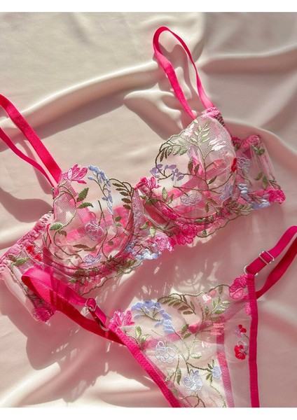Pembe Balenli Çiçek Desenli Bralet Takım