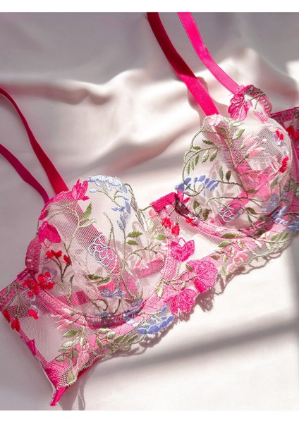 Pembe Balenli Çiçek Desenli Bralet Takım
