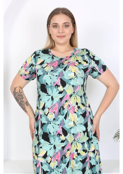 Mooi XXL Kadın Yeşil Floral Suluboya Desen Midi Elbise