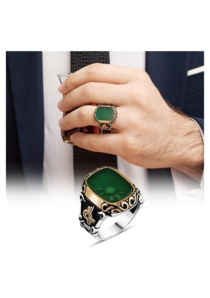 Yeşil Akik Taşlı Tuğra Desenli Gümüş Erkek Yüzük