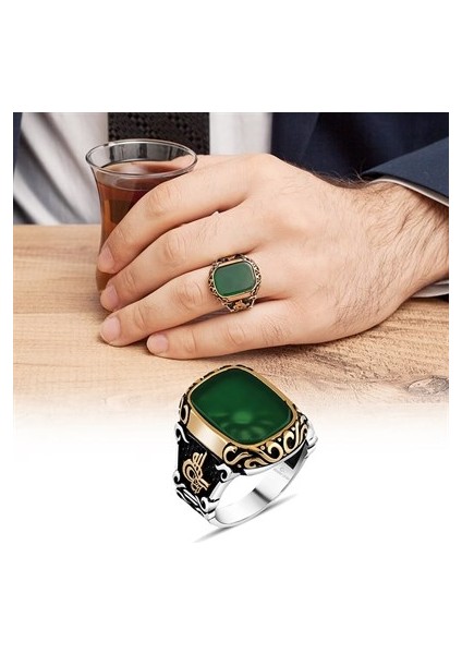 Yeşil Akik Taşlı Tuğra Desenli Gümüş Erkek Yüzük fırsatları