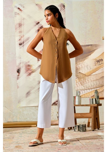 Sırt Dekolteli Bluz Kahverengi