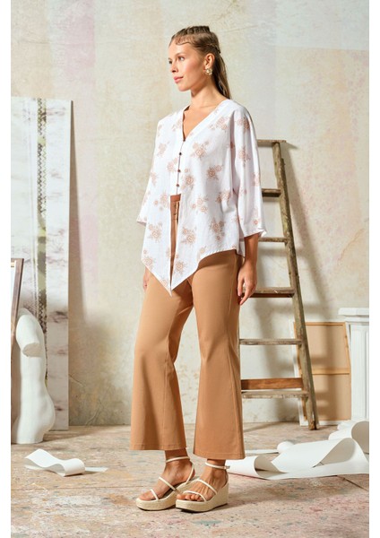 Yarasa Kol Çiçekli Gömlek Bej modelleri