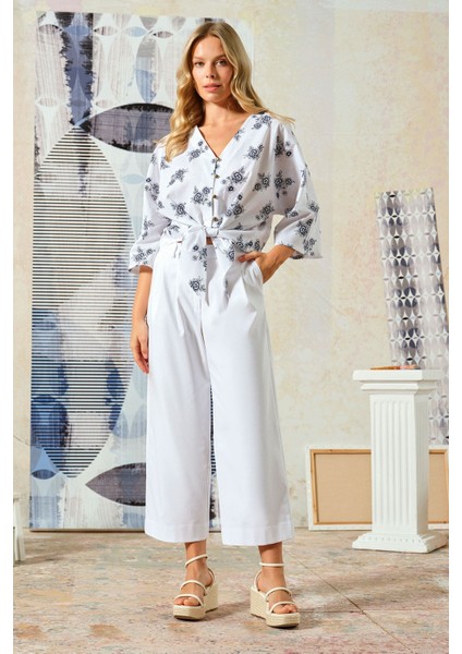 Yarasa Kol Çiçekli Gömlek Lacivert