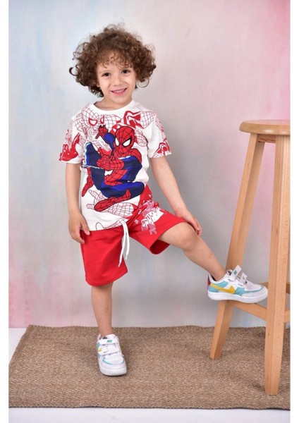 Spiderman Temalı Bej Çocuk Tişört ve Şort Takımı