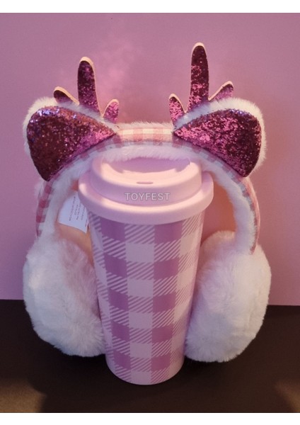 Pembe - Lila Ekoseli Mug ve Simli Kulak Boynuz Dekorlu Yumuşak Peluş Kulaklık 2 Li Set