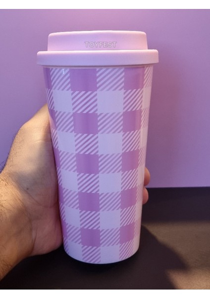 Pembe - Lila Ekoseli Mug ve Simli Kulak Boynuz Dekorlu Yumuşak Peluş Kulaklık 2 Li Set modelleri