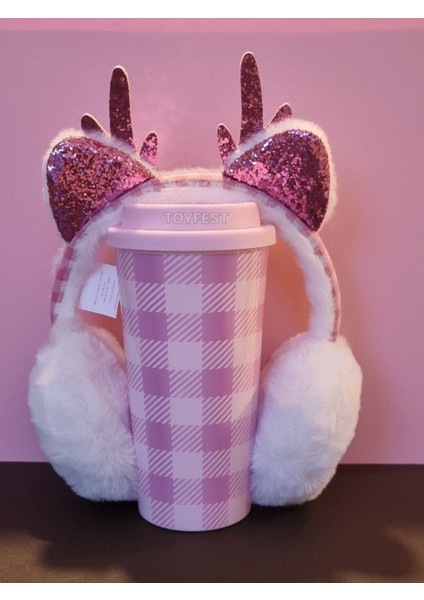 Pembe - Lila Ekoseli Mug ve Simli Kulak Boynuz Dekorlu Yumuşak Peluş Kulaklık 2 Li Set fırsatları