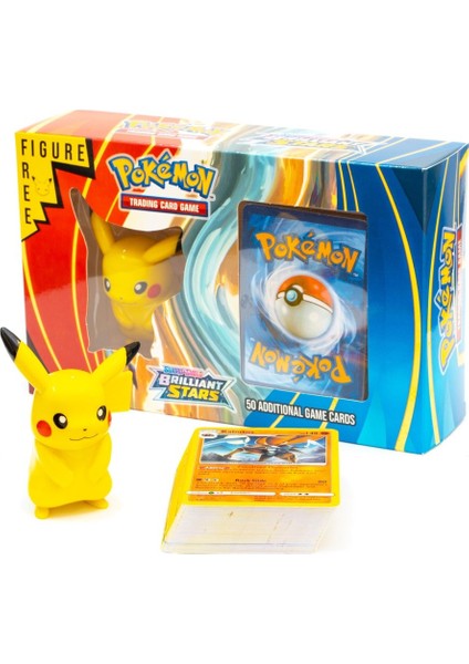 Pikachu Pokemon Figür Hediyeli 50'li Trading Pokemon card Game Booster Oyun Kartları (Turuncu Kutu)