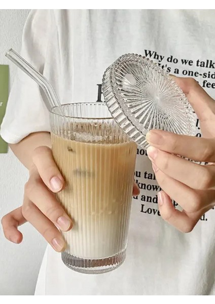 350 ml Cam Kapaklı ve Cam Pipetli Çizgili Kahve ve Sunum Bardak modelleri