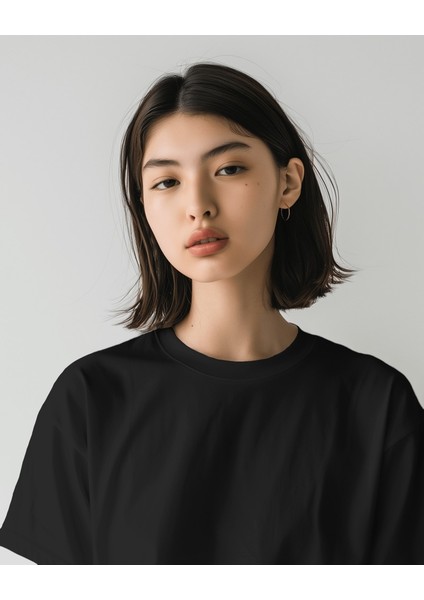 Unisex Pamuklu Likralı Bisiklet Yaka Relaxed Fit Basic Siyah Tişört Düz