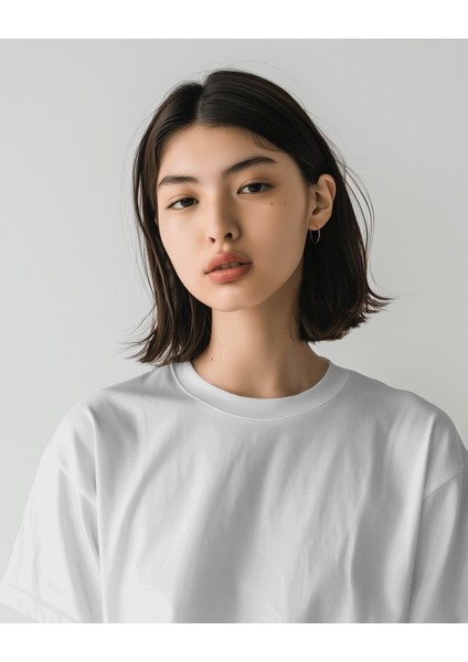 Unisex Pamuklu Likralı Bisiklet Yaka Relaxed Fit Basic Beyaz Tişört Düz