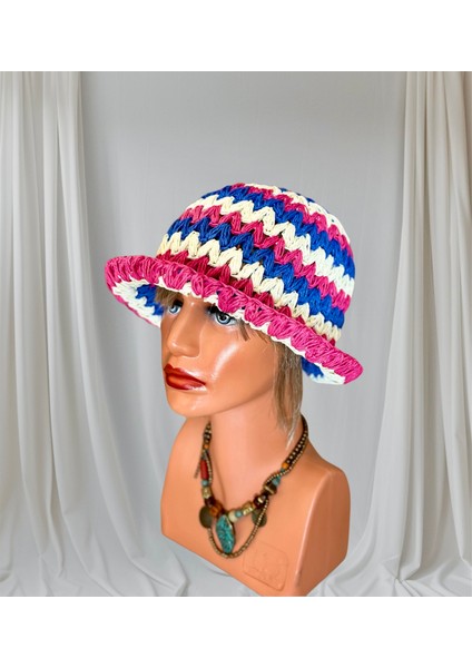 El Yapımı Örgü Fuşya-Saks-Ekru Renkli Plaj Şapkası, Fötr Şapka