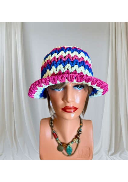 El Yapımı Örgü Fuşya-Saks-Ekru Renkli Plaj Şapkası, Fötr Şapka fiyatları