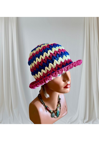 El Yapımı Örgü Fuşya-Saks-Ekru Renkli Plaj Şapkası, Fötr Şapka modelleri