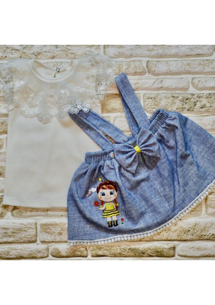 1-2-3 Yaş Bayan Arı Nakışlı Kot Desenli Etek Pamuklu Kumaş 2li Kız Bebek Salopet Takımı fiyatları