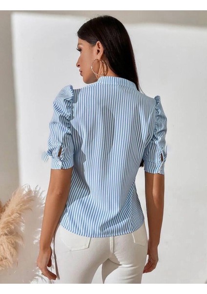 Kadın V Yaka Kısa Kol Çizgi Desenli Keten Kumaş Bluz (Renkli)