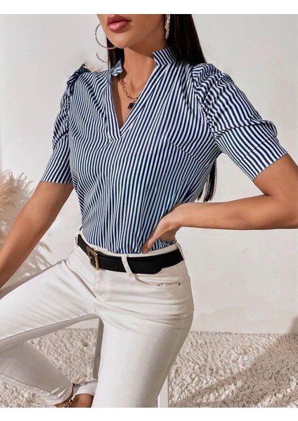 Kadın V Yaka Kısa Kol Çizgi Desenli Keten Kumaş Bluz (Renkli)
