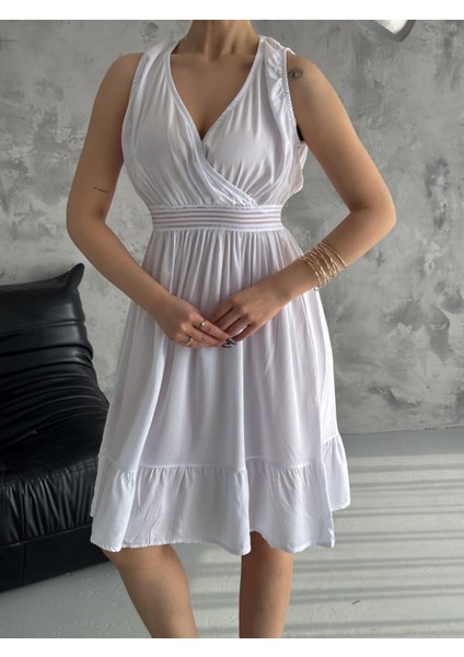 Rengastyle Kadın Kruvaze Yaka Bağlamalı Beli Lastikli Viskon Kumaş Yazlık Elbise (Renkli)