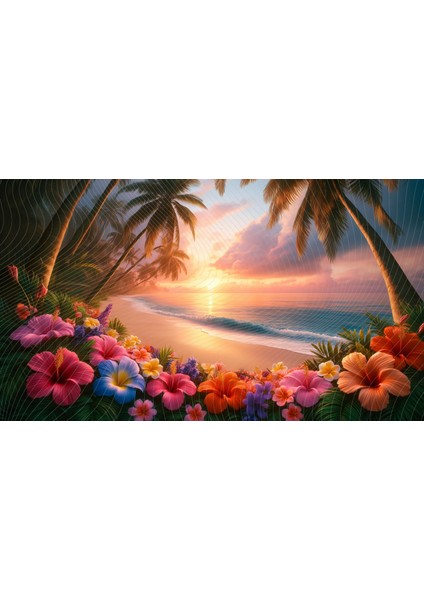 Tropikal Plaj ve Günbatımı Temalı 200X150CM Arkaplan Duvar Örtüsü - Canlı Çiçekler ve Palmiye Ağaçları ile Bezenmiş, Egzotik Sanat Stili, Stüdyo Çekimleri Için Mükemmel Fon