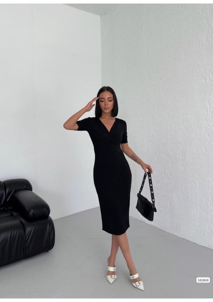 Kadın Kruvaze Yaka Kısa Kol Midi Boy Krep Kumaş Elbise (Renkli)