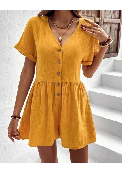 Rengastyle Kadın Kısa Kol Düğmeli Ayrobin Kumaş Tulum (Renkli)