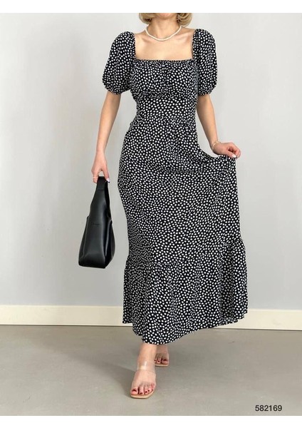 Kadın U Yaka Omuz Detay Puantiyeli Elbise (Renkli)