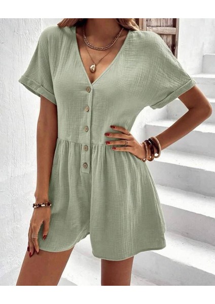Rengastyle Kadın Kısa Kol Düğmeli Ayrobin Kumaş Tulum (Renkli)