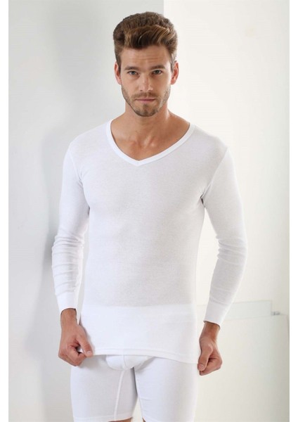 2'li Paket Erkek Badi Uzun Kollu T-Shirt V Yaka Basic %100 Pamuk Ribana Beyaz - M modelleri