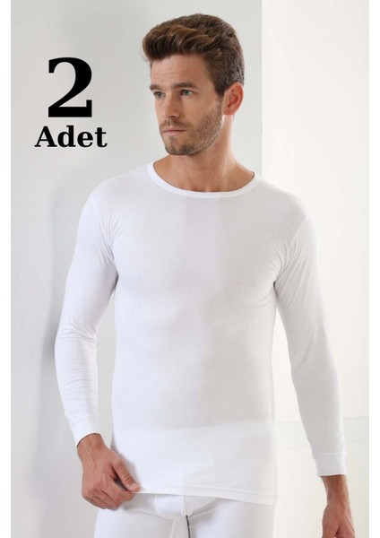 2'li Paket Erkek Badi Uzun Kollu T-Shirt Bisiklet Yaka Basic %100 Pamuk Ribana Beyaz - M