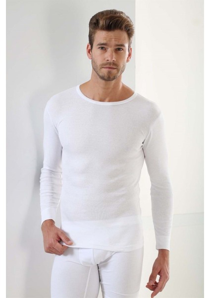 2'li Paket Erkek Badi Uzun Kollu T-Shirt Bisiklet Yaka Basic %100 Pamuk Ribana Beyaz - M