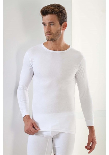 2'li Paket Erkek Badi Uzun Kollu T-Shirt Bisiklet Yaka Basic %100 Pamuk Ribana Beyaz - M