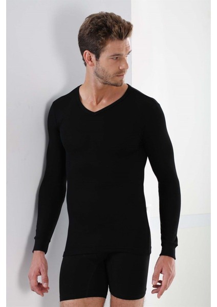 2'li Paket Erkek Badi Uzun Kollu T-Shirt V Yaka Basic %100 Pamuk Ribana Siyah - M indirimleri