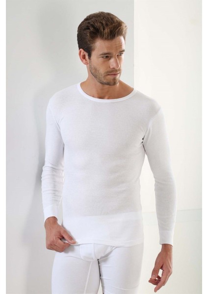 2'li Paket Erkek Badi Uzun Kollu T-Shirt Bisiklet Yaka Basic %100 Pamuk Ribana Beyaz - L indirimleri