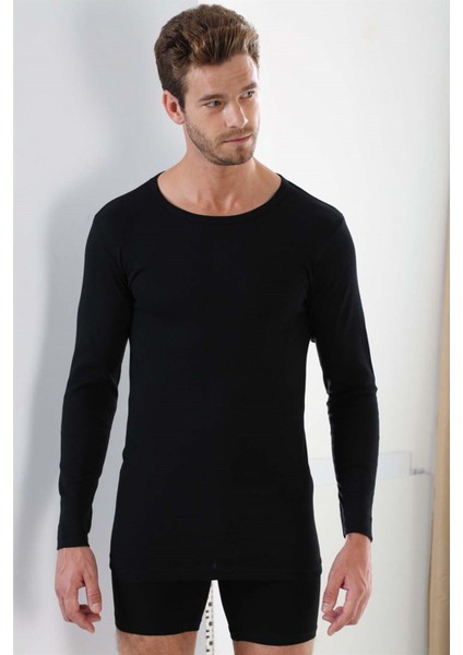 2'li Paket Erkek Badi Uzun Kollu T-Shirt Bisiklet Yaka Basic %100 Pamuk Ribana Siyah - M