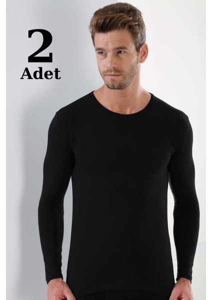 2'li Paket Erkek Badi Uzun Kollu T-Shirt Bisiklet Yaka Basic %100 Pamuk Ribana Siyah - S
