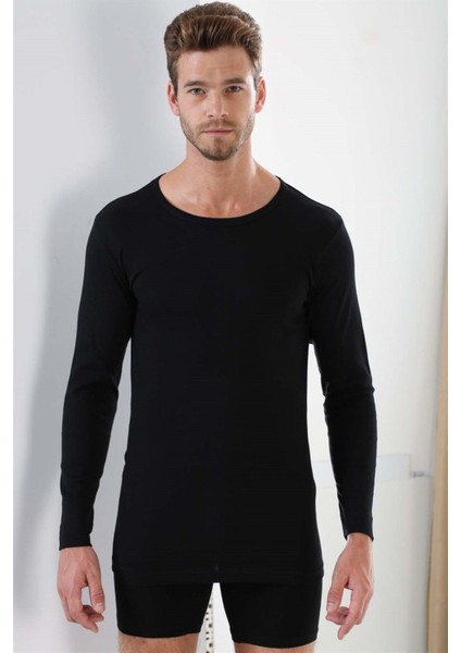 2'li Paket Erkek Badi Uzun Kollu T-Shirt Bisiklet Yaka Basic %100 Pamuk Ribana Siyah - S modelleri