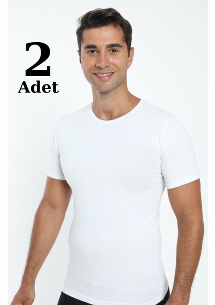 2'li Erkek T-Shirt Kısa Kollu Pamuklu Likralı Beyaz - L