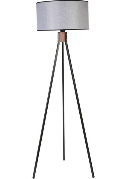Fısco Tripod Siyah Lambader Silindir Hasır Gri Abajurlu