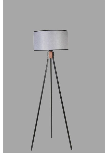 Fısco Tripod Siyah Lambader Silindir Hasır Gri Abajurlu