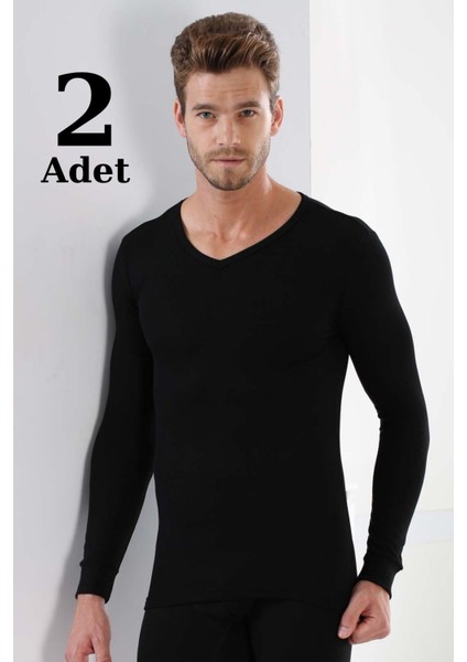 2'li Paket Erkek Badi Uzun Kollu T-Shirt V Yaka Basic %100 Pamuk Ribana Siyah - Xl